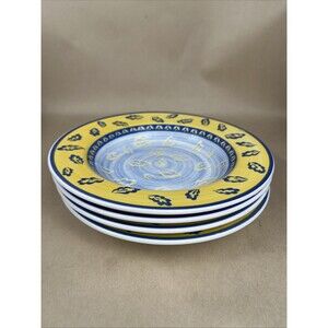 Set Of 4 Quadrifoglio Blue & Yellow Leaf Pattern Bowls 8 3/4” Made in Italy‎